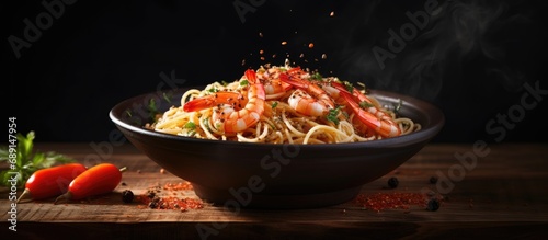 Italian Aglio Olio pasta with prawns and black pepper served on a wooden board seen from the side on a dark background Copy space image Place for adding text or design