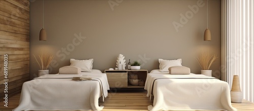 Luxurious health spa with a twin bedded massage room and towels Copy space image Place for adding text or design