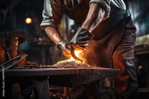 Close-up working powerful hands of male blacksmith forge an iron product in a blacksmith