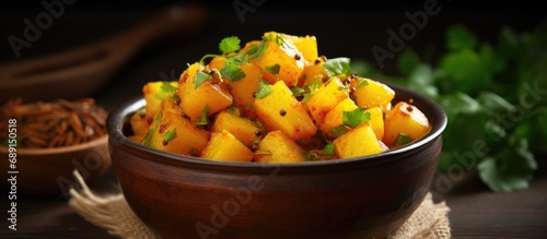 Indian Vegetarian dish Potato cumin Copy space image Place for adding text or design