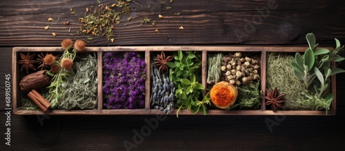 Herbal medicine spread on wooden table viewed from above Flat lay Copy space image Place for adding text or design