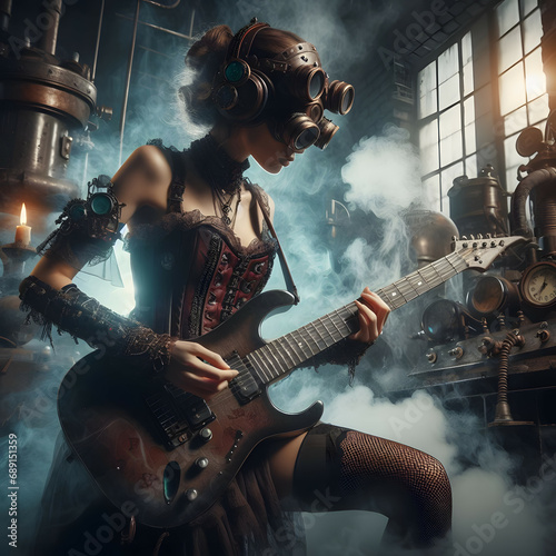 Steampunk girl playing guitar in a factory