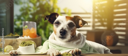 Jack Russell dog getting a facial treatment with cream and cucumber at spa Copy space image Place for adding text or design