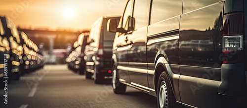 Many black luxury vans parked in a row at a car dealership with a close up view of the tail lights against a sunset Fleet of vans for commercial cargo transportation and VIP charters Copy space