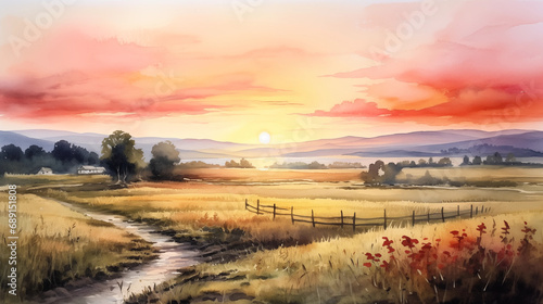 watercolor painting of countryside landscape scene at sunset bac