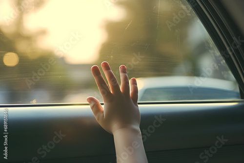 Child's hand on car door glass. A child is left alone in a car or confined. Traveling and moving house or orphans.