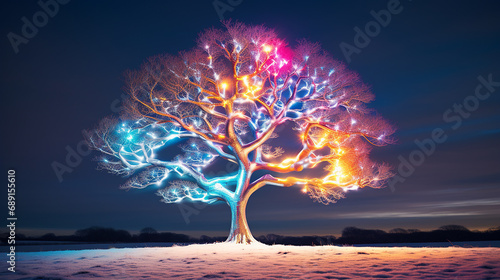 Árvores com luzes coloridas de natal na paisagem de inverno, magia no ar 