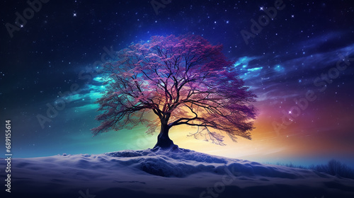Árvores com luzes coloridas de natal na paisagem de inverno, magia no ar 