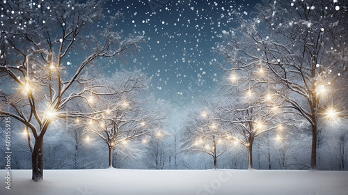 Árvores com luzes de natal na paisagem de inverno copiam o espaço