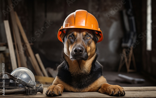 Cão de trabalho com capacete de construção