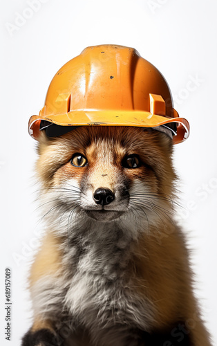 raposa de trabalho com capacete de construção