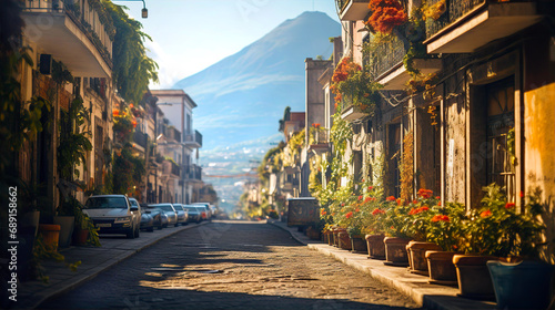 Amalfi coast look-like landscape, Italian town on the sea, terraced houses decorated with flowers. Mediterranean travel concept 