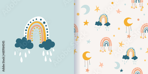 Bohemian seamless pattern with hand drawn rainbows, moon, stars and clouds in scandinavian style. Vector boho repeating background for kids nursery room, poster print, textile, decor, stationary