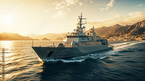 A big navy ship style boat in the sea, beautiful landscape background, military army battleship concept, hd