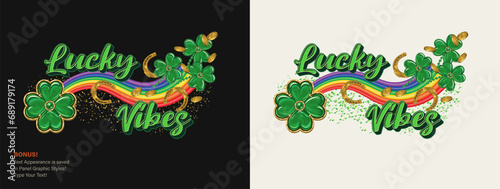 Horizontal St Patricks Day label with rainbow wave, luck 4 four leaves clover, flying golden coins, horseshoe, text. For prints, clothing, t shirt design Text editable graphic style included