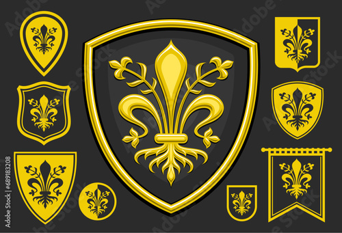 Vector Florence Emblem Set, horizontal poster with lot collection of 9 isolated illustrations of dark and yellow florence coat of arms, decorative flag with group of art historical florentine crests