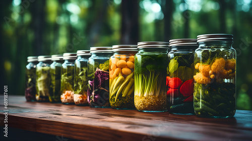 Set of big jars or pots full of fresh organic and colorful vegetables from agricultural labor, placed on a wooden table outdoors, in nature. Pickled healthy vegetarian food, homemade products