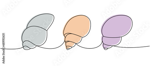 Scallop sea shells. Sea shells, mollusks, scallop, pearls. Tropical underwater shells continuous one line illustration. Vector minimalist illustration