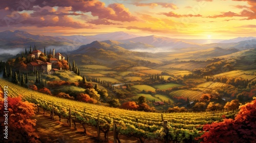 A countryside landscape with rolling hills covered in vineyards, their leaves turning shades of red and orange.