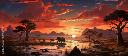 Sunset over savanna with herd of wild animals walking
