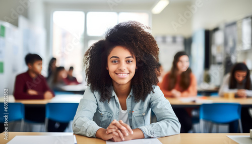Black teen girl in modern classroom.