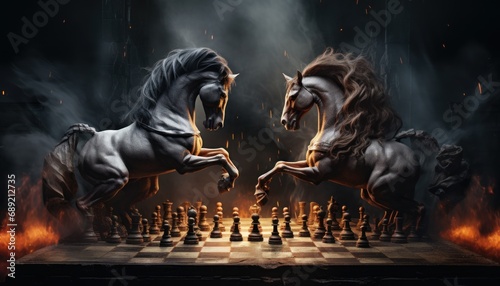 horse chess match on a chessboard with black background