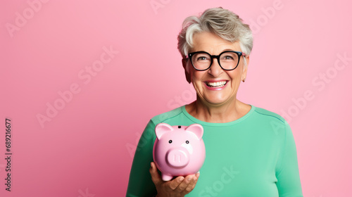 Cheerful senior woman smiling widely while holding a piggybank, standing against a turquoise blue background.