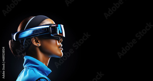 young african american woman with virtual reality headset on a black background, banner with copy space
