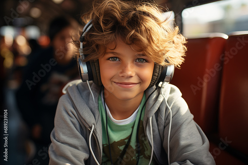 Green-eyed white teenager stares at the camera while listening to music with headphones.