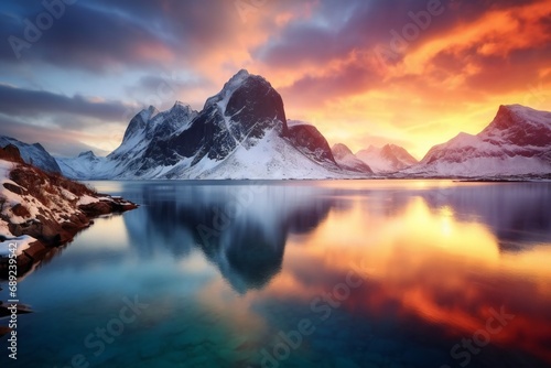 Beautiful landscape with blue sea. snowy mountains. rocks and islands sunrise. islands in Norway.