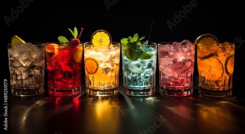 A Colourful Array of Glasses Filled with Various Drinks and Cocktails. A row of glasses filled with different coloured drinks