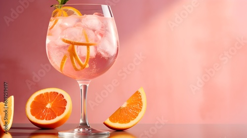 Classic gin and tonic cocktail with ice, grapefruit, and a sprig of rosemary in a sophisticated glass