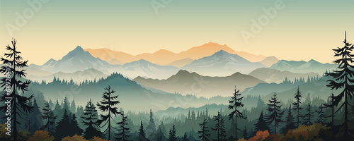 Beautiful panoramic mountain landscape. Stunning mountains in the fog with amazing silhouettes of forests and trees. Wonderful landscape to print. Vector illustration for postcard, poster, banner.