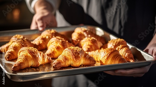 The baker is transporting the croissants that have been freshly baked to a metal tray to cool and is holding them by the sides.