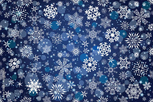 Vector seamless pattern with snowflakes and elements for christmas design on blue gradient background with bokeh. Set