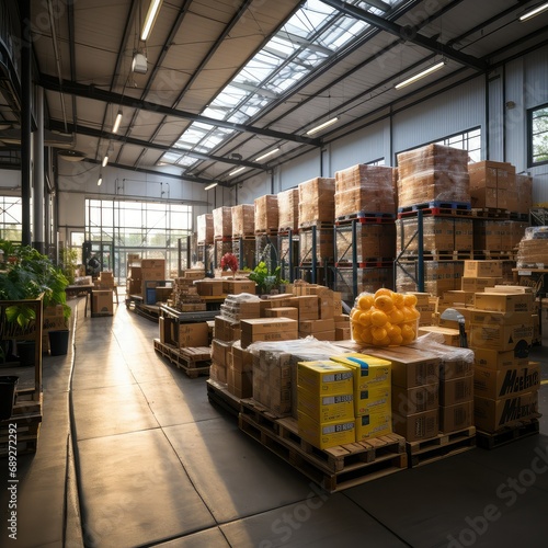 warehouse indoor view, with a temperature-controlled storage area displaying boxes of perishable goods or delicate products, Storehouse