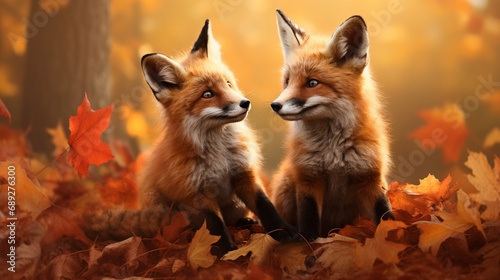 A pair of red foxes playing in a field of autumn leaves.