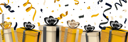 Bannière de cadeaux pour un événement festif comme un anniversaire ou les fêtes de fin d'année - Cotillons et confettis - Ensemble de cadeaux beiges et couleur or - Célébration festive 