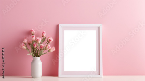 White photo frame mockup on pink wall background, blank poster template. Minimalistic interior table vase with flowers decor