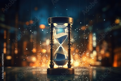 An hourglass with a heart inside of it sitting on a table. Suitable for time, love, and romance concepts