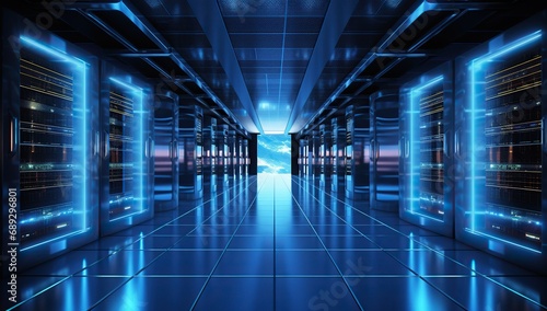 Modern server room with rows of server racks emitting blue light and reflective floors, creating a technological ambiance.