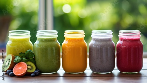 Colorful smoothies in glass jars on a windowsill, with fruits in the foreground, against a backdrop of green foliage.