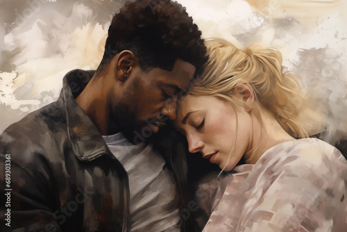 Interracial couple in love - abstract painting with brush strokes - handsome black man and blond woman