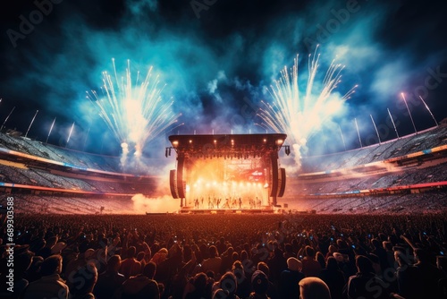 Concert crowd in front of a big stage with fireworks in the night, A live event, such as a concert or halftime show, taking place at a sports stadium, AI Generated