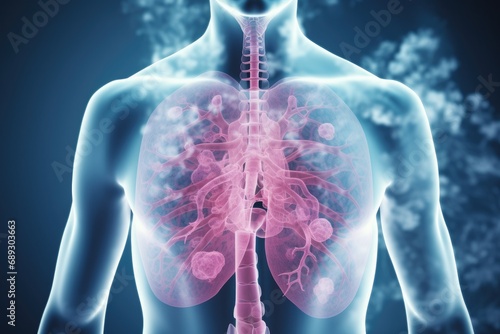 Human body with lungs in x-ray view, 3D rendering, A male lung cancer biopsy respiratory system in x-ray, AI Generated