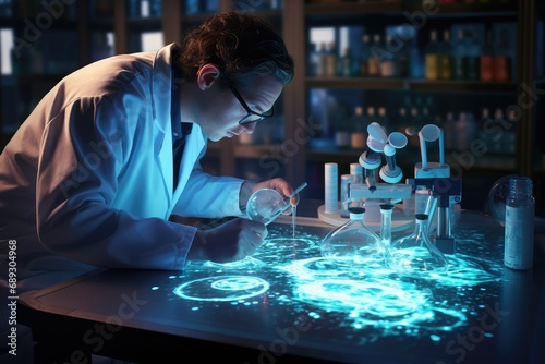 scientist working with blue light in laboratory. science and chemistry concept, A laboratory technician makes microscopic bacteriological examination with the reagents, AI Generated