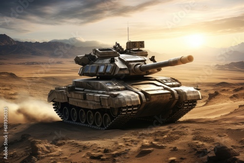 heavy tank in the desert at sunset. 3d render illustration, A modern military tank running in a desert, AI Generated
