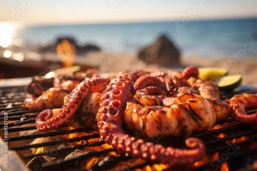 Close up on an octopus roasting on a decision in a beach restaurant