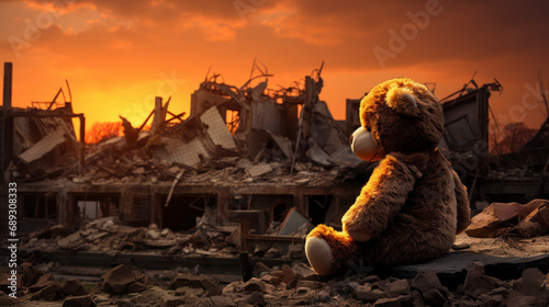 Children's soft toy bear is located among ruins of residential buildings at sunset. Strong, emotional image of consequences of war, reminiscent of vitality and optimism in most difficult situations.