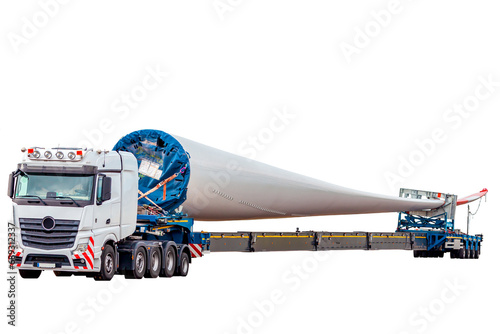 Truck Isolated on white. Blade for wind turbines. Special transport of a blade for a wind turbine on a special semi-trailer. png